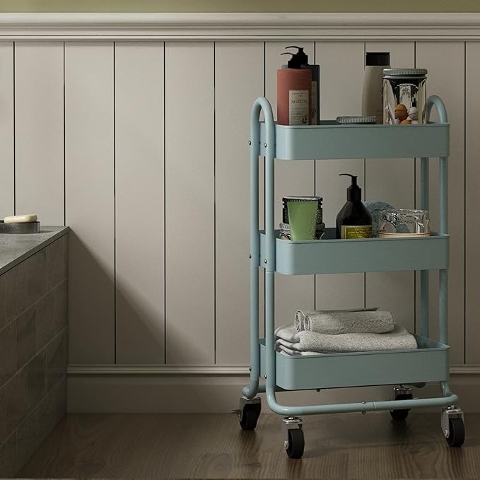 3-Tier Rolling Cart with Wheels,Kitchen Storage Carts or Metal Rolling Utility Cart with Handle,Movable Storage Organizer,Blue Carts for Nursery, Kitchen, Bathroom, Craft Room（13.4"x18.1"x31"）