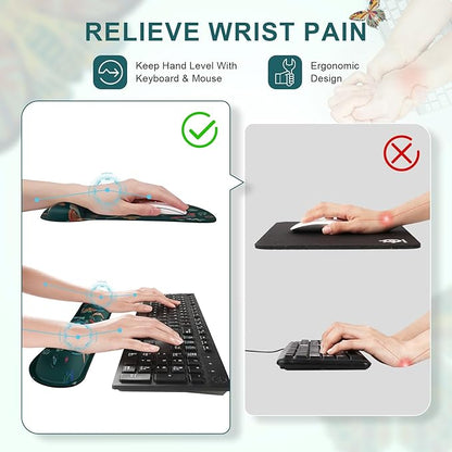 iCasso Ergonomic Mouse Pad with Wrist Rest, Keyboard Wrist Rest Mouse Wrist Rest, Made of Memory Foam, Easy Typing and Relieve Wrist Pain, Perfect for Computer Keyboard Office(Green Butterfly)