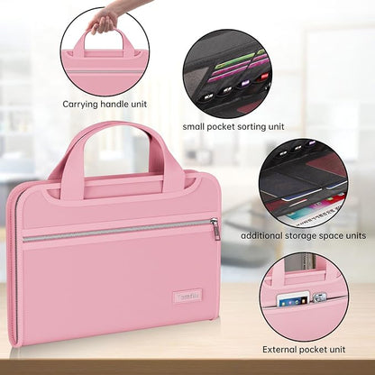 Tamfile Fireproof Accordion File Organizer with Handle, 13 Pocket Expanding File Folder with Zipper & Labels, File Folder with Multi-Pockets Paper Organizer Folder for Letter A4 Files, Pink