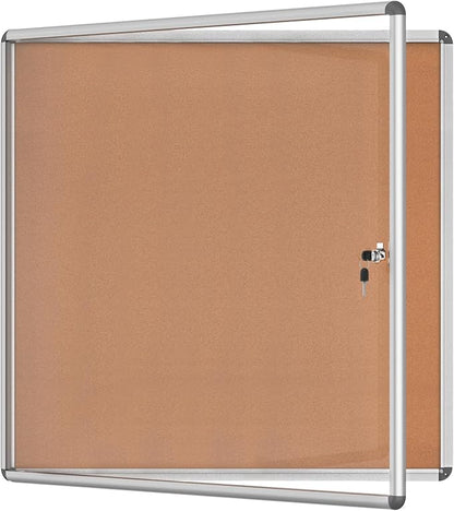 38"x38" Enclosed Bulletin Board, Lockable Weather-Resistant Aluminum Cork Noticeboard for School & Office, Silver Frame w/Cork