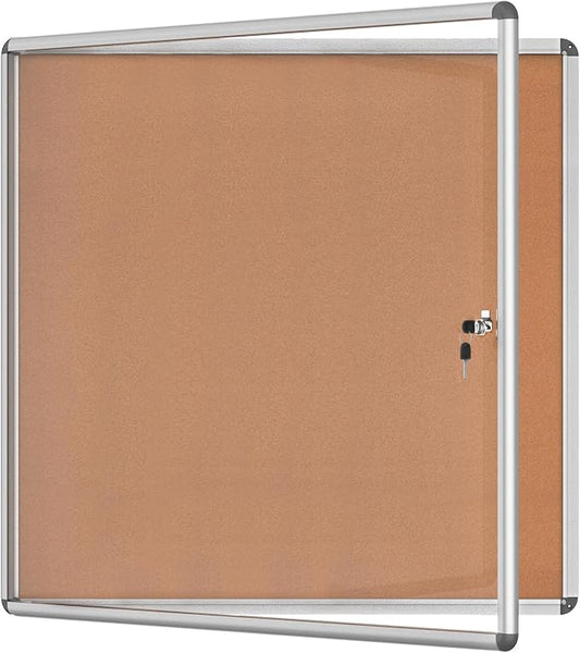 38"x38" Enclosed Bulletin Board, Lockable Weather-Resistant Aluminum Cork Noticeboard for School & Office, Silver Frame w/Cork