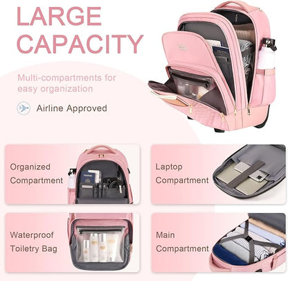 Rolling Backpack Carry On Luggage For Adults With Wheels, 40L Wheeled Backpack For Women, Travel Roller Backpack, Rolling Bag, Pink
