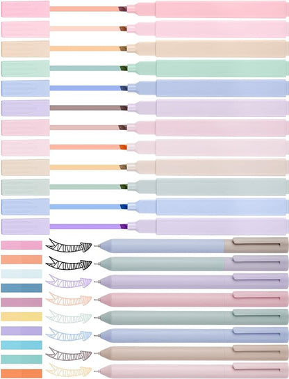 NiArt Bible Highlighters and Pens No Bleed, Morandi Colors 12 Highlighters + 8 Gel Pens + 200 Sticky Notes, Ergonomic Design with Fade-Resistant Soft-Toned Pastel Ink for Journaling
