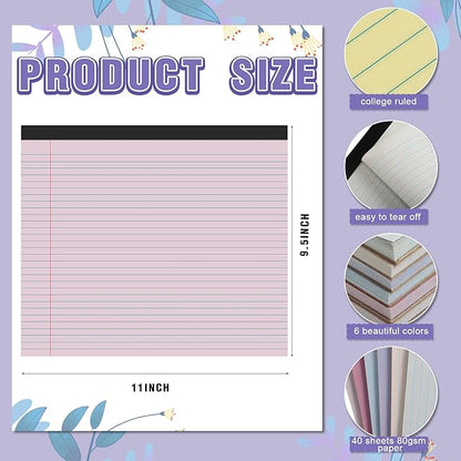 Lincia 6 Pcs 11" x 9.5" Legal Pads College Ruled Notepad Landscape Notebook Horizontal Lined Notebook 80 Gsm Assorted Colors Paper Pastel Writing Pads for School Office, 40 Sheet (Classic Color)