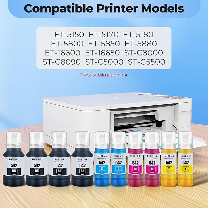 542 Ink Refill Bottles ET-5850 ET-5150 ET-5170 ET-5180 Replacement for 542 Ink Bottle for Ecotank Pro ET-16650 ET-5880 ET-5800 ET-16600 ET5180 ET5170 ET5150 ET5880 ET5800 16650 Printer, 10 Pack
