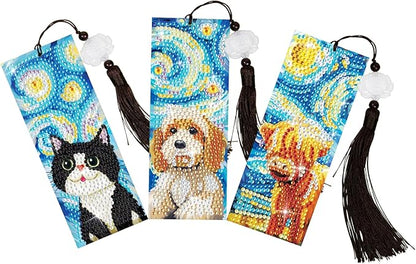 Anseal 3 Pcs 5D Diamond Art Bookmarks for Book Lovers, Cute Animal Rhinestone PU Leather Diamond Crafts Bookmarks for Women Girls, Tassel Beaded Book Mark for Graduation Birthday Reading Present