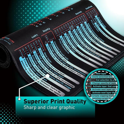 Windows, Office, Excel, Adobe Photoshop Shortcut Keys Extended Large Mouse Pad | Gaming Desk Mat for PC. Stitched Edge Non-Slip Base Mousepad, Keyboard Mat