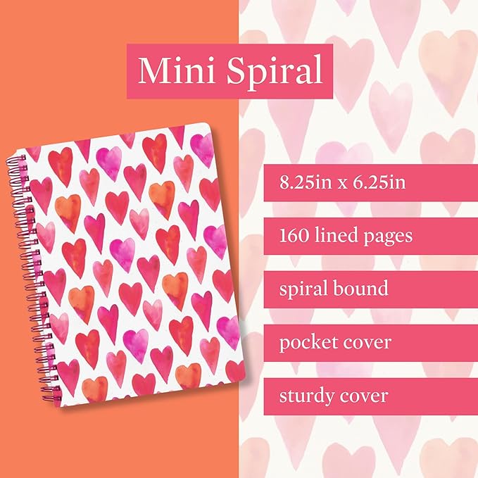 Steel Mill & Co Cute Mini Spiral Notebook, 8.25" x 6.25" Journal with Durable Hardcover and 160 Lined Pages (Hearts)