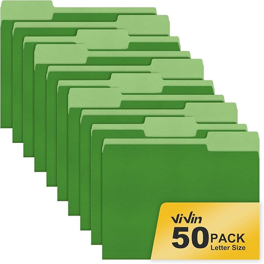 ViVin File Folder, 50 Pack Colored File Folders with 1/3-Cut Tabs, Fits 8.5 * 11 Letter Size Paper, Manilla Folders for Home Office School Documents(Green)