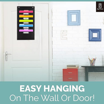 Hippo Creation Heavy Duty Storage Pocket Chart for Classroom, 5 Pocket Storage Organizer with 2 Over-Door Hangers, Hanging Wall Organizer for File Folders, School Mailbox, Home Office Papers - Black