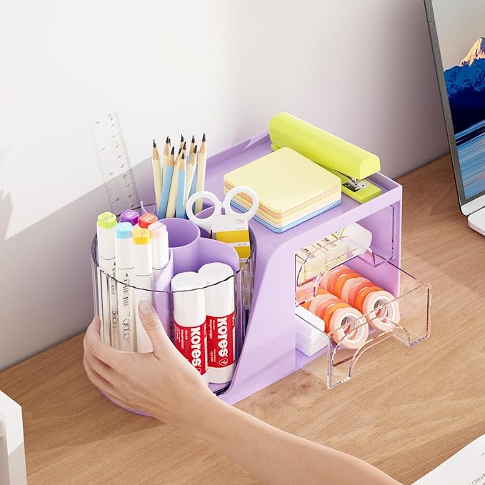 Marbrasse Desk Organizer with 2 Drawer, 360 Rotating Pen Holder, 6 Slots Pencil Organizer + 2 Drawer, Art Supply Storage Box Caddy for Office (Purple)