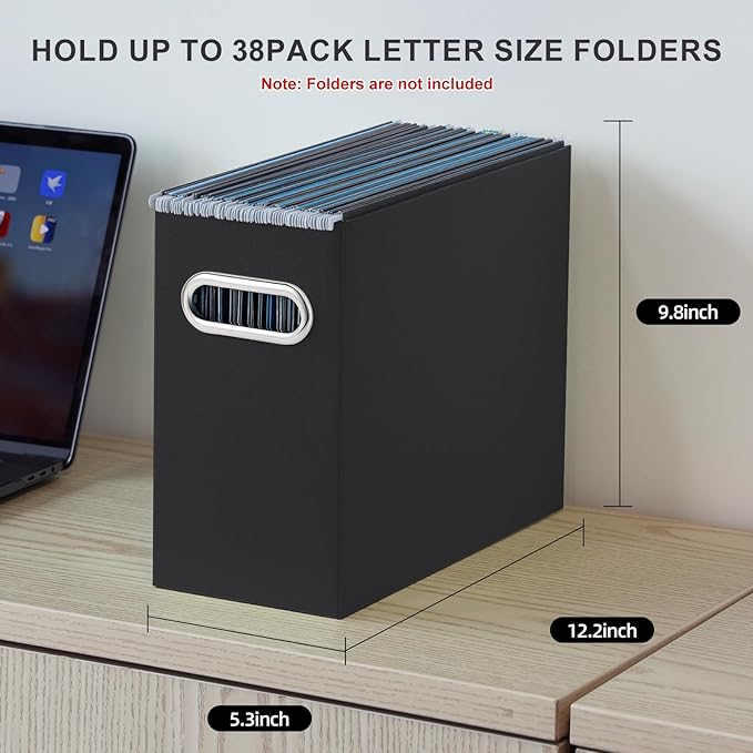 Oterri File Organizer, Small Storage Box, Cardboard File Folder Organizer, Collapsible File Box, Hanging File Organizer for Letter Size, Portable File Box with Handle, Only Box（Black，2 Packs）
