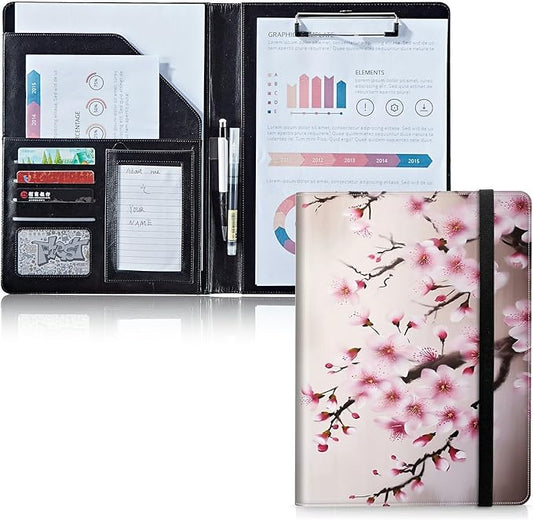 Padfolio Folder with Clipboard,Portfolios Organizer Clipboards with Storage Clipboard Writing Pad PU Leather Conference Document Organizer with Business Card Holder,Cherry Blossom