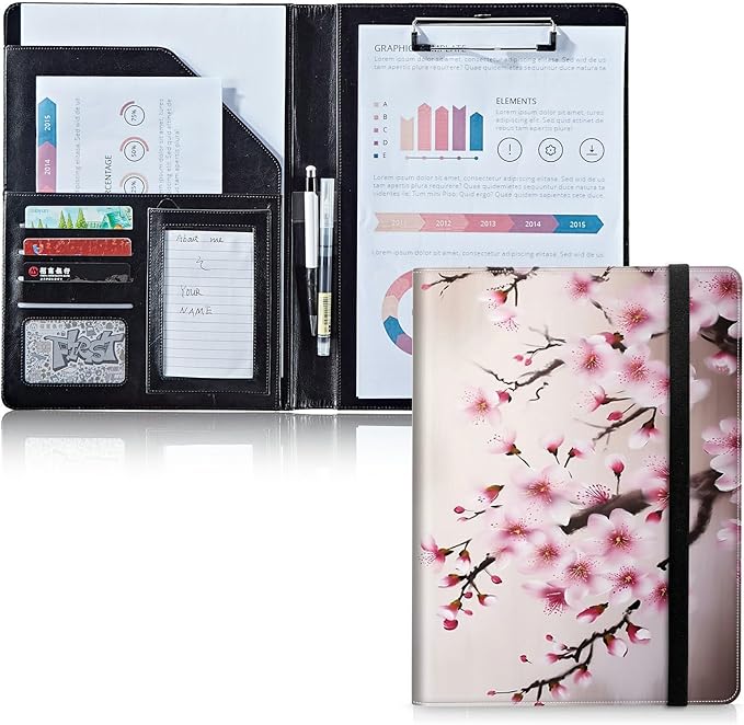 Padfolio Folder with Clipboard,Portfolios Organizer Clipboards with Storage Clipboard Writing Pad PU Leather Conference Document Organizer with Business Card Holder,Cherry Blossom