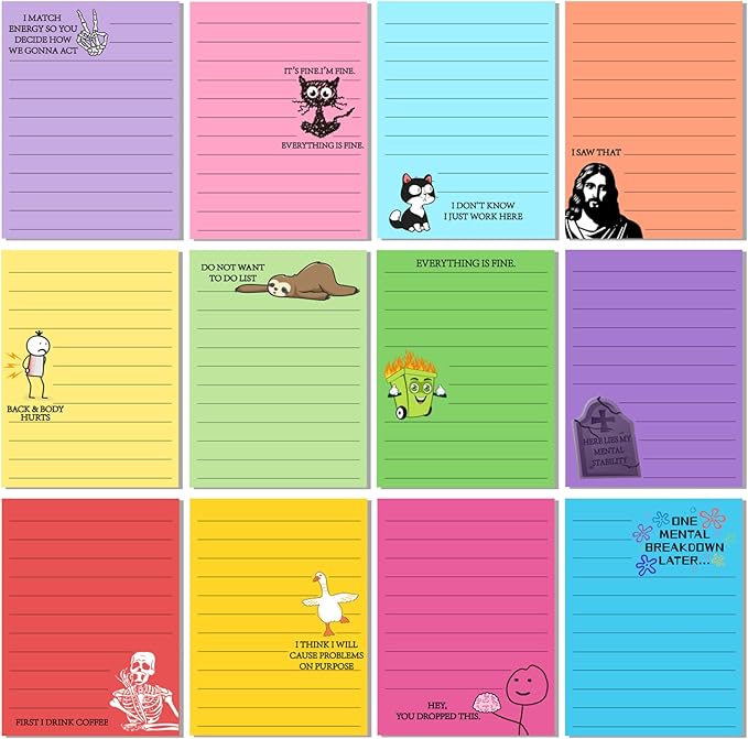 12 Pcs Funny Sticky Notes for Work 4x3 Inches Sarcastic Self Adhesive Notepads Novelty Memo Note Pads for Office Coworker Gifts Employee Appreciation Supplies(Funny)