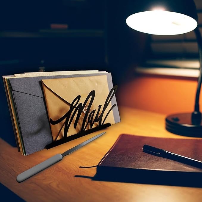 Black Metal Mail Holder, Countertop Letter Organizer with Letter Opener, Office Desktop Envelope Rack, Tabletop Document Stand (Art)