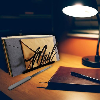 Black Metal Mail Holder, Countertop Letter Organizer with Letter Opener, Office Desktop Envelope Rack, Tabletop Document Stand (Art)