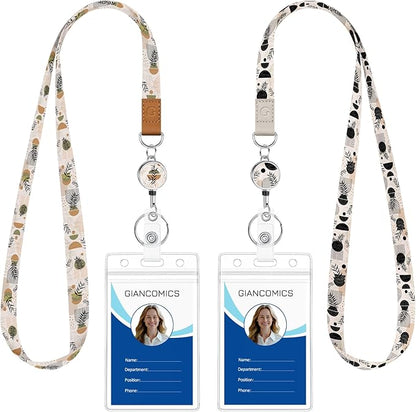 Giancomics Lanyards for Id Badges, Leaf Cute Lanyards with Retractable Reel, Boho Waterproof ID Badge Holder for Cruise Ships Cards Key, Office Work Name Tag Zip Card Protector 2 Pack
