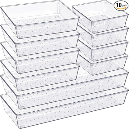 Criusia Drawer Organizer, 10 Pack Large Clear Plastic Kitchen Drawer Organizers Set, 3 Size Versatile Bathroom and Vanity Drawer Organizer Trays, Storage Bins for Makeup, Bedroom, Kitchen Utensils