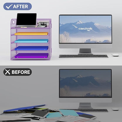 5 Tier Paper Organizer with Handle, Metal Mesh Desk Organizer File Folder Organizer Paper Letter Tray Desktop Document Sorter for Classroom, School, Office Organization and Storage - Purple