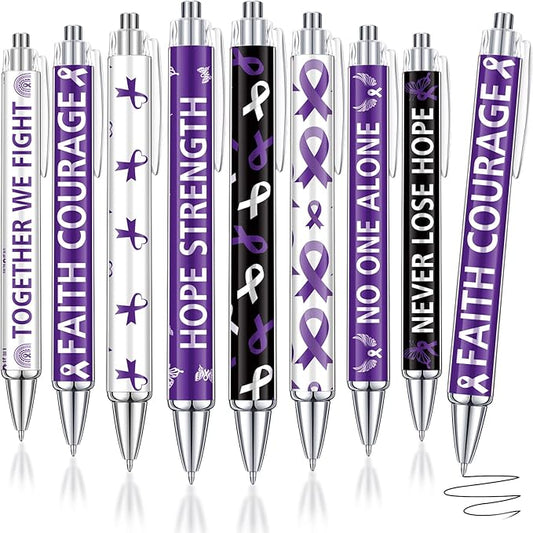 48 Pcs Purple Ribbon Awareness Pens Cancer Awareness Ballpoint Pens Bulk Faith Courage Hope Strength Health Awareness Favor Gifts for Animal Abuse, Alzheimer's, Lupus and Pancreatic Cancer