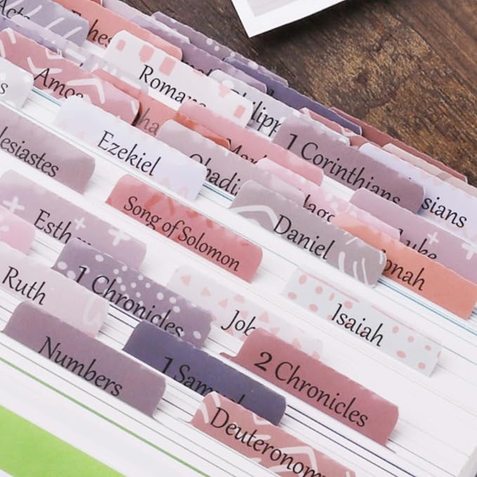 Thinkor Reposition Laminated Bible Tabs, Large Print Stickers, Easy to Read and Apply Bible Tabs for Women and Man (Pink & Gray Print)