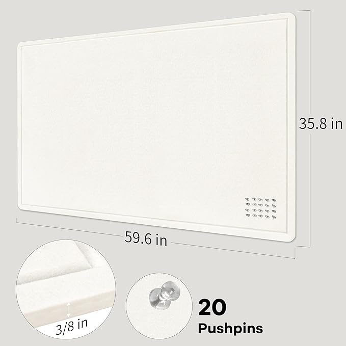 Large Bulletin Board - 60 x 36 Inches, Decorative Felt Pin Board for Wall - 5' x 3' Foldable Photo Display Board with Self-Adhesive Tape, Includes 20 Push Pins - White