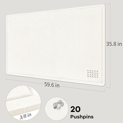 Large Bulletin Board - 60 x 36 Inches, Decorative Felt Pin Board for Wall - 5' x 3' Foldable Photo Display Board with Self-Adhesive Tape, Includes 20 Push Pins - White