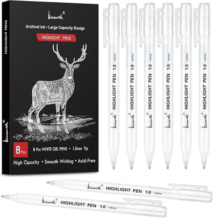 White Pens, White Gel Pens for Artists, 1mm Extra Fine Point, White Pens for Black Paper, White Gel Pen, White Ink Pen, White Drawing Pens,White Pen for Artists Drawing, 8 Pack