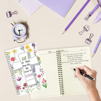 2Pack A5 Floral Cross Religious Spiral Notebooks - Bible Verses Writing Notebooks, Ruled Hardbound Lined Journal, Inspirational Christian Christmas Gift, Sunday School Supply (Purple & Yellow)