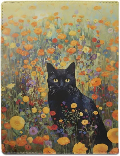 Black Cat Flower Portfolio Folder Leather Padfolio with A4 Size Clipboard Clip for Business Resume Interview Document Sleeve Binder Folder for Men/Women