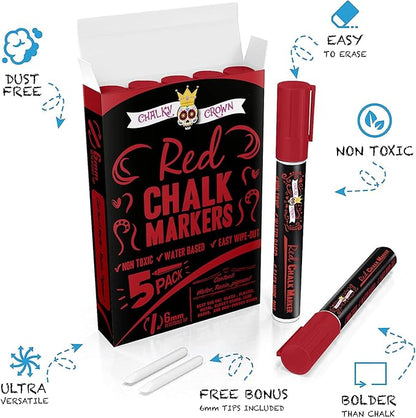CHALKY CROWN Liquid Chalk Marker Pen - Dry Erase Marker - Chalk Markers for Chalkboard Signs, Windows, Blackboard, Glass - 6mm Reversible Tip (Red, 5 Pack)