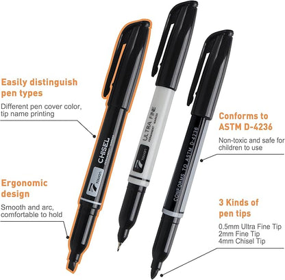 Permanent Markers 12 Black - Waterproof Quick Drying Pens Set 8 Fine Tip, 2 Ultra Fine, 2 Chisel Tip Office Home School Supplies for Adults Writing Doodling Marking