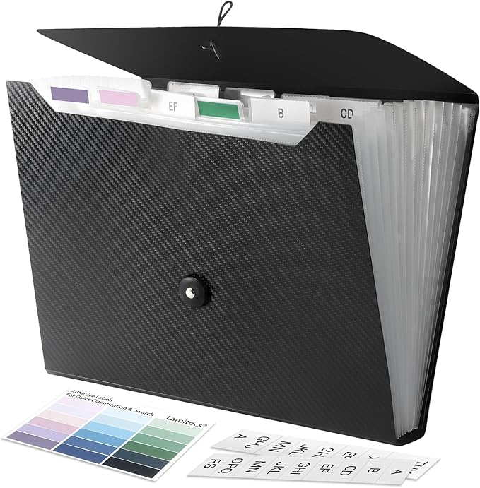 Expanding File Folder A4,13 Pockets File Organiser with Colored Tags, Paperwork A4 Plastic Wallet Document Storage Expander for School,Office and Home, Black