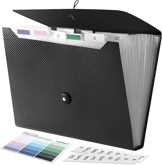 Expanding File Folder A4,13 Pockets File Organiser with Colored Tags, Paperwork A4 Plastic Wallet Document Storage Expander for School,Office and Home, Black