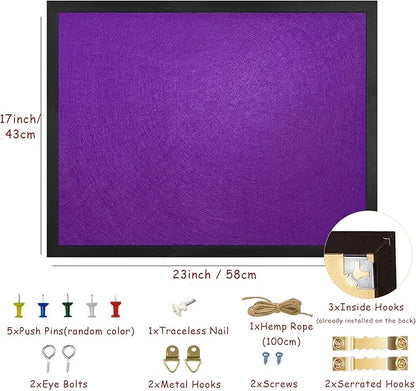 Large Bulletin Board Cork Boards Vision Board with Felt, 23"x17" Display Pin Board for Walls, Desk, Jewelry, Notes, Collection, Photos, Office, Black Framed and Purple Felt Board, 1pc