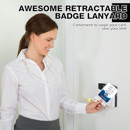 Outus 2 Pieces Badge Lanyard with ID Holders Stainless Steel Badge Holders Necklace Retractable Reel Clip Chain Water Resistant Name(Gold)