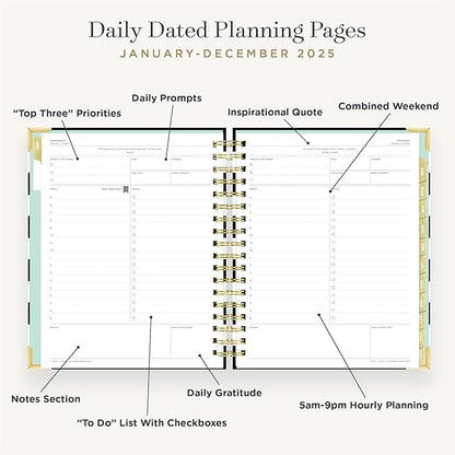 Day Designer 2025 Daily Planner – Premium Planner for Stylish Organization. Combines Monthly Calendar, Hourly Schedule, To-Do List, Gratitude, Goal Setting, Inspirational Quotes, Stickers & More. Elegant laminated Cover with Gold Accents (Black Stripe)