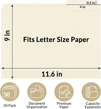 SUNEE File Folders with Fasteners, Manila Folders Letter Size, 2 Reinforced Fasteners, 1/3-Cut Tab, Manila, 50 Pack, Keep Organized for Your Office Documents School Files