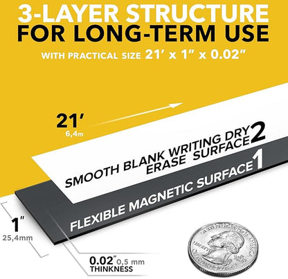 X-bet MAGNET Dry Erase Magnetic Strips - Magnetic Tape Roll - Blank Write On Magnets - Sticky Labels and Stickers - Writable Flexible Magnet Sheet for Whiteboards, Refrigerator and Crafts