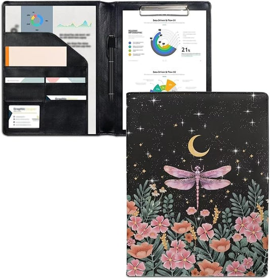 Cozeyat File Folders Letter Size Aesthetic Dragonfly and Floral Print Leather Conference Folder for Business Office Work, Portfolio Binder Organizer for Women