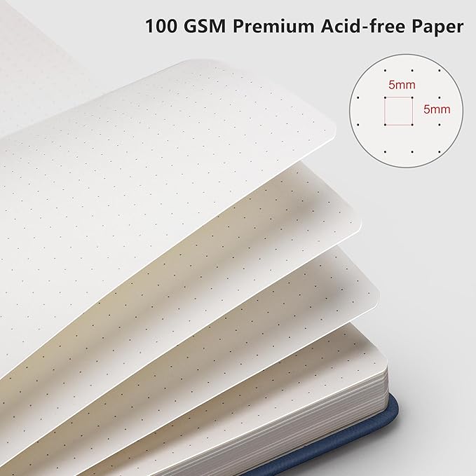 RETTACY Bullet Dotted Journal, A5 Dotted Notebook Journal with 192 Pages, 5.7'' × 8.3'', Medium Size, 100 GSM Thick Paper, Leather Hardcover, Bullet Journaling, Planning (Navy Blue)