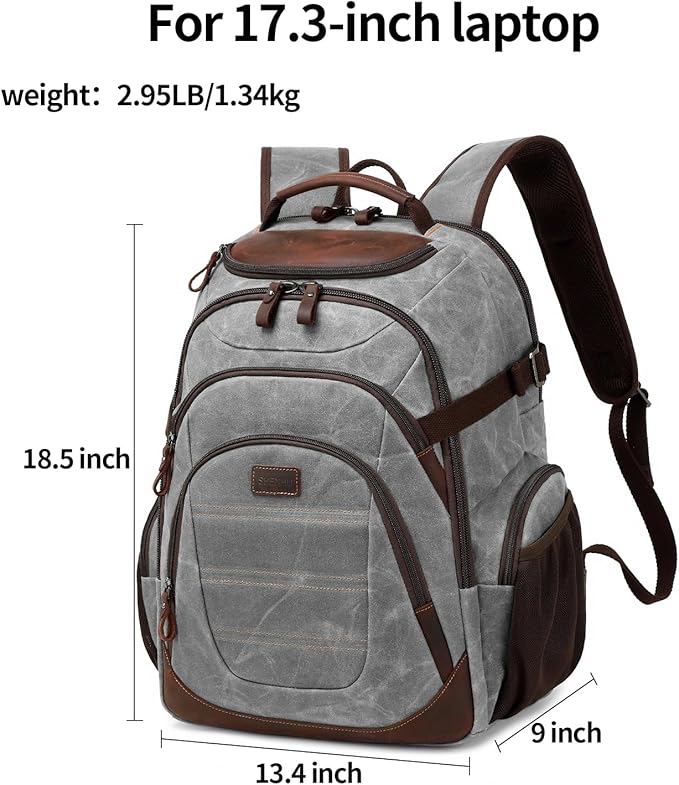 Travel Laptop Backpack 17.3 inch XL Computer Backpack for Men Waxed Canvas College Daypack Business Backpack Gray