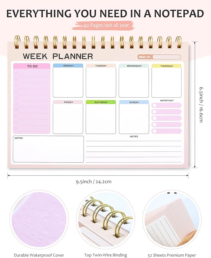 Weekly To Do List Notepad with 52 Undated Tear Off Sheets（6.5"×9.5"), Desk Notepad with Multiple Sections, Planning Notepad Calendars for Student Office and Homes
