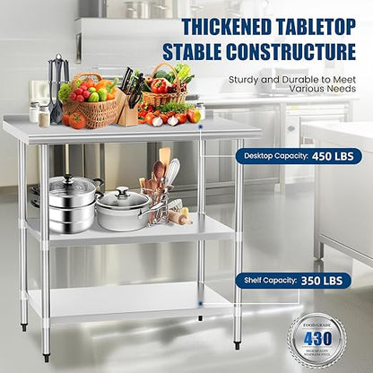 Stainless Steel Table 24 x 36 Inches Metal Prep Table with 2 Adjustable Undershelves & Backsplash, Stainless Steel Work Table for Commercial Kitchen, Outdoor, Restaurant, Hotel & Garage