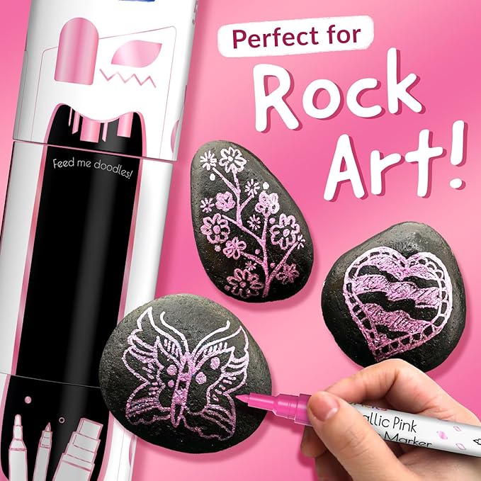 5 Acrylic Metallic Pink Paint Pen - Extra Fine Tip, Thin & Jumbo (1mm, 3mm, 6mm, 10mm, 15mm) - Paint Markers for Metal, Rocks, Plastic, Canvas, Wood, Fabric, Tire, Glass. Pink Permanent Marker