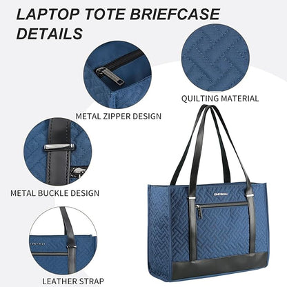 EMPSIGN Laptop Tote bag for women 16 Inch, Stylish Computer Shoulder Tote Bag for Work, Large Capacity Quilted Laptop Briefcase, Waterproof Women Business Office Bag, Quilted Haze Blue
