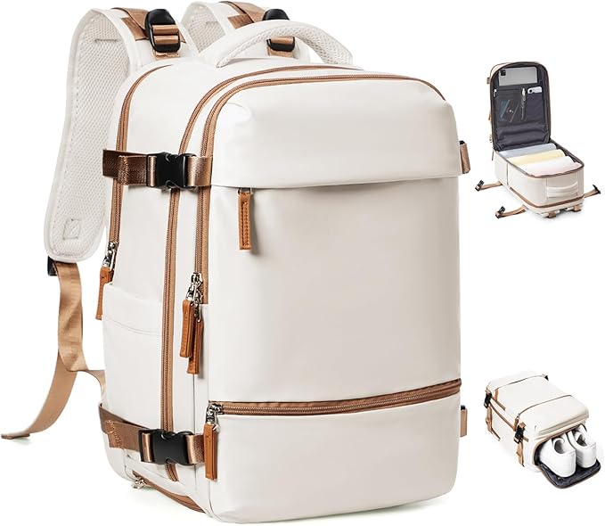 Travel Backpack for Women Men, Flight Approved Carry on Backpack with Shoe Compartment, Waterproof Laptop Backpack Personal Item Travel Bag - Ideal for Weedender, Hiking, Sport & Gym, Beige with Brown