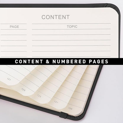 RETTACY Journaling Notebooks, A5 Lined Journal Notebook with 192 Numbered Pages, 5.7'' × 8.3'' Medium Size, for Writing, Work, Office, Leather Hardcover, 100 GSM Thick Paper (Black)