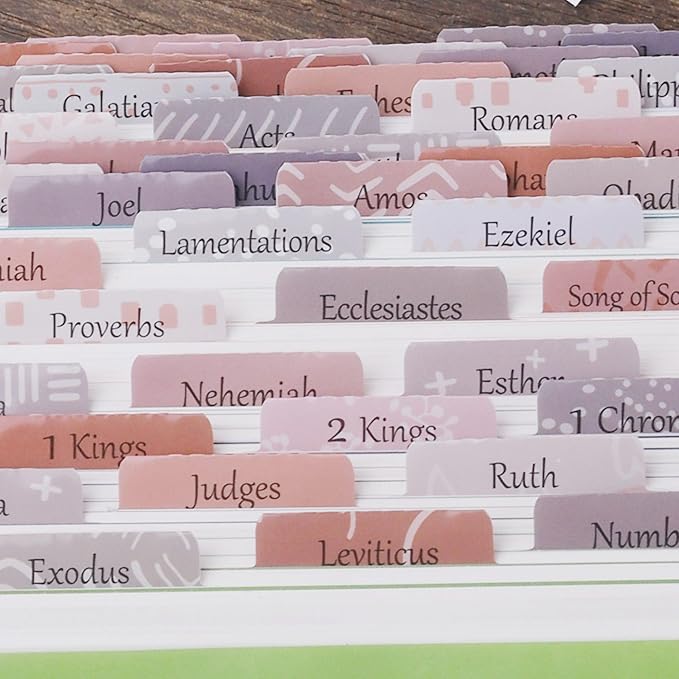 Thinkor Reposition Laminated Bible Tabs, Large Print Stickers, Easy to Read and Apply Bible Tabs for Women and Man (Pink & Gray Print)